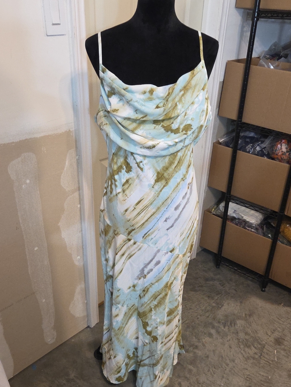 Cowl Neck Maxi Dress Light Blue Olive Watercolor Spaghetti Slit Hem Cotton Flowy